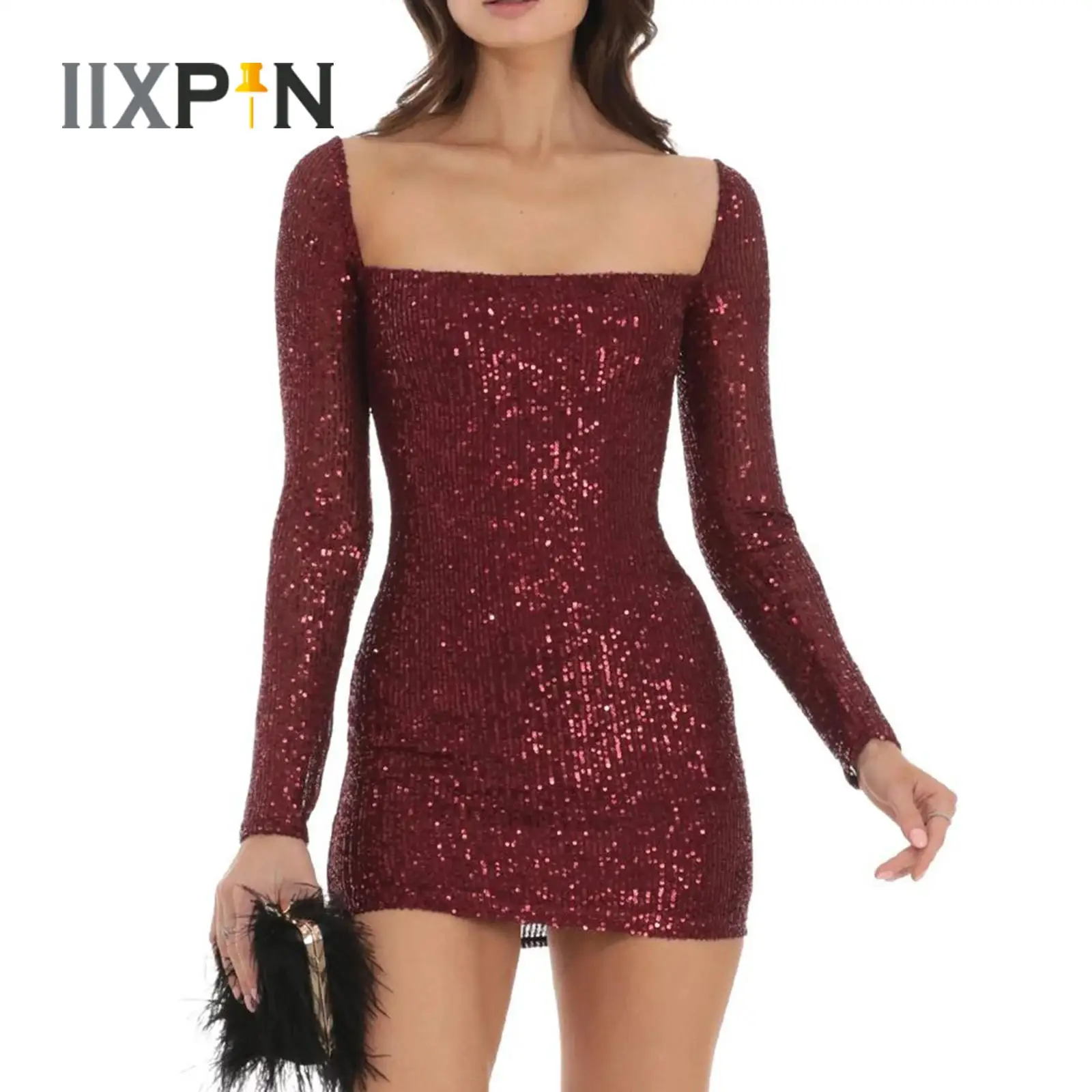 

Womens Sparkly Sequin Bodycon Dress Long Sleeve Square Neck Backless Hip Wrap Mini Dress Sexy Cocktail Club Party Evening Dress