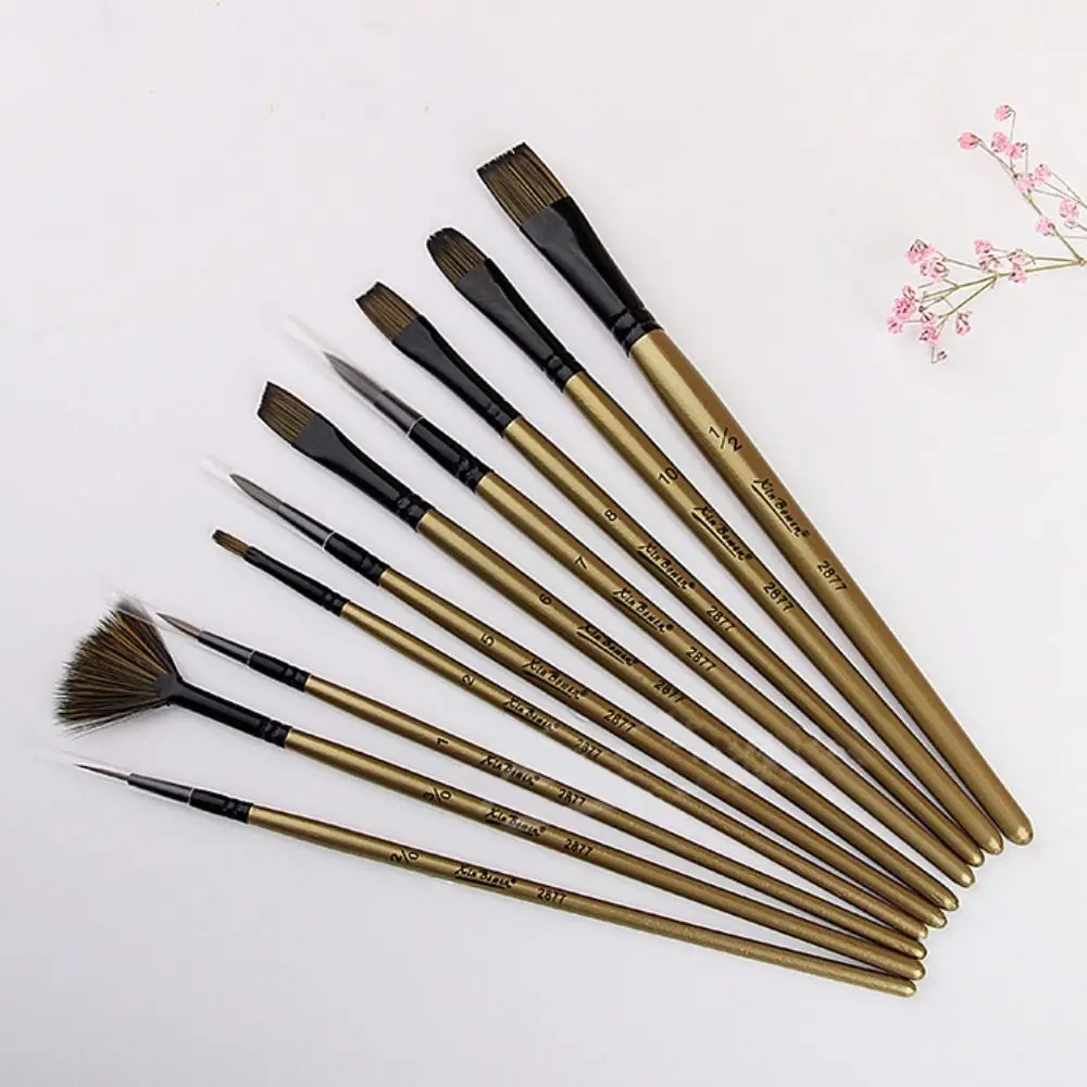10Pcs Portable Wood Rod Watercolor Paint Brush Round, Filbert, Flat, Fan, Angular Nylon Bristles Brush Art Drawing Brush Gouache