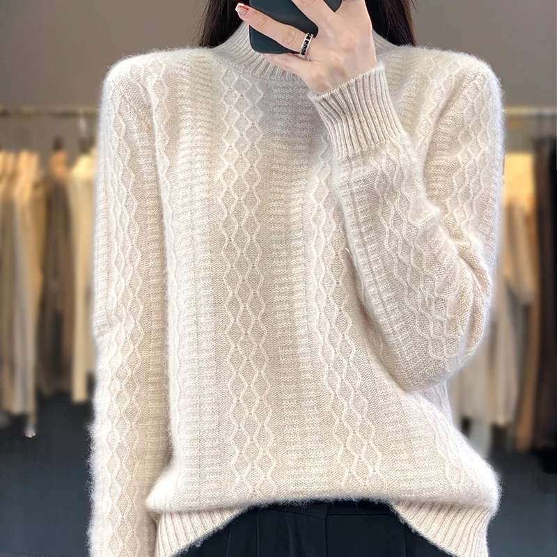 

100% Wool Half High Collar Women's Sweater Comfortable and Warm Cashmere Knitted New Women's Pullover Sweater Autumn and winter