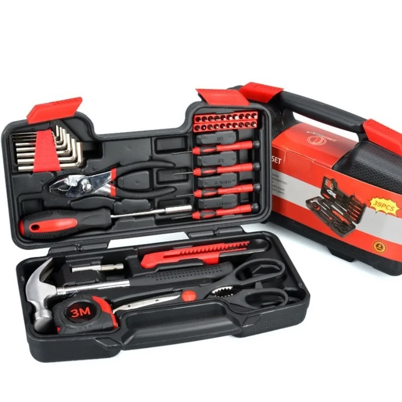 39Pcs Household Hand Tool Set 45# Carbon Steel DIY Repair Tool Kit with Storage Box, Home Maintenance Hardware Toolbox, Red / Pi