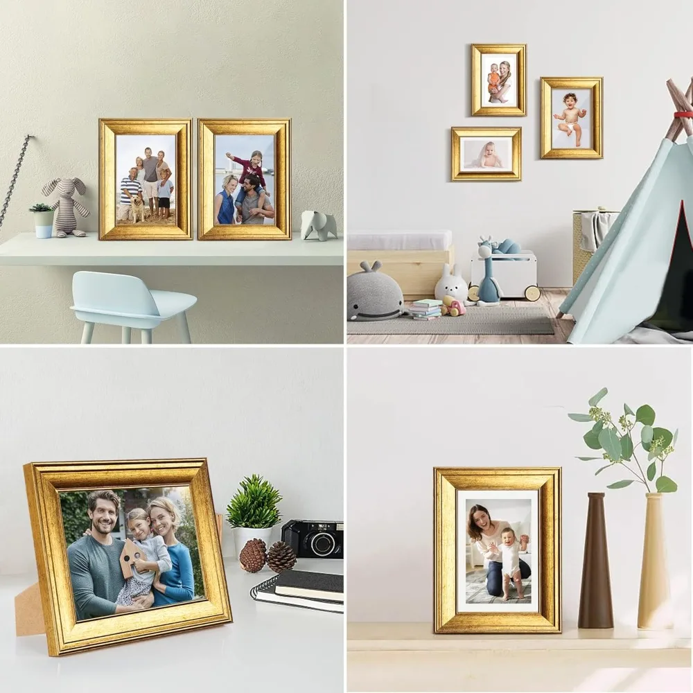 SYNTRIFIC 6PC 5x7in Gold Frames, Vintage Gold Picture Frames for Wall Mounting and Tabletop Display
