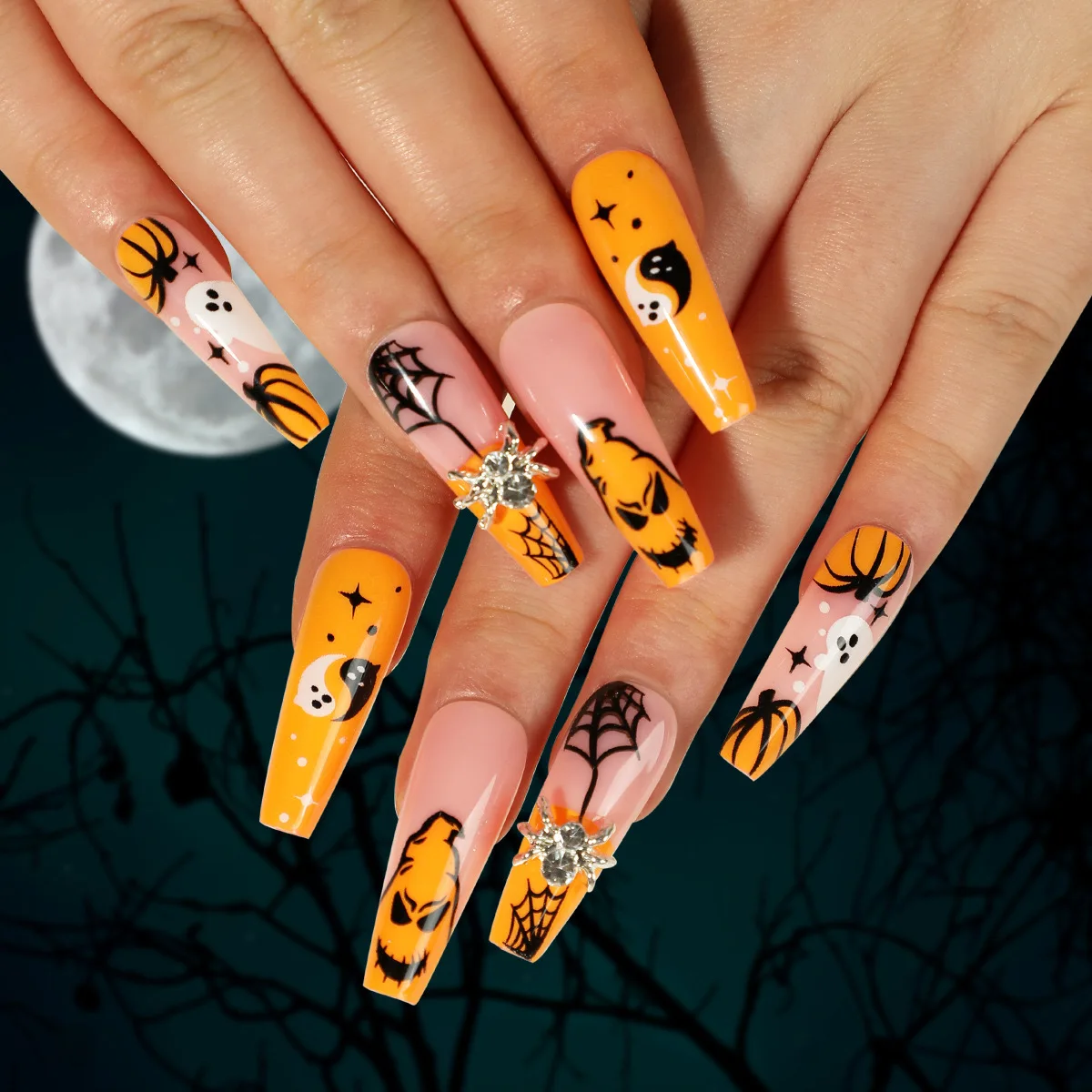 PAULINE PESERY 24 PCS Press On False Nails Short Medium Length Full Cover Acrylic Fake Nails Almond Shaped Ballerina Nails Cute Pumpkin Bat Ghost Spider Reusable Nails Nail Salons Home DIY
