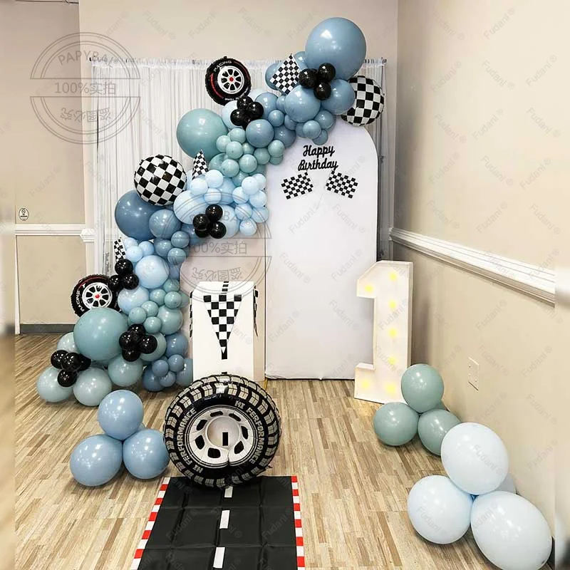 119-teiliges Rennwagen-Themen Ballongirlanden-Set Blau Schwarz Macaron Grün Latex-Ballons Geburtstagsparty Babyparty Dekoration