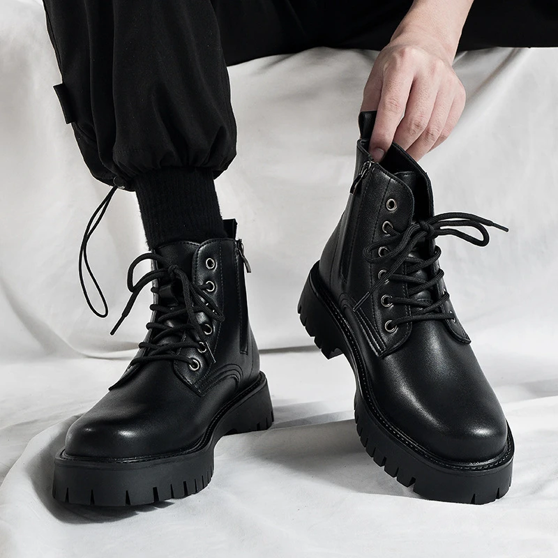 New Fashion Lace Up Casual Mens Boots Mens Thick Sole Ankle Boots Trendy Comfortable Mens Classic Black Motorcycle Boots Zapatos