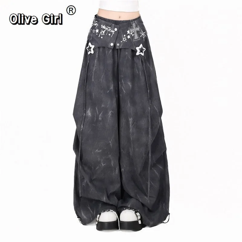 Olivegirl Women's Pants Subculture Y2k Retro Tie-dye High-waisted Two-piece Set Loose Casual Wide-leg Trousers Spice Girl Cargo