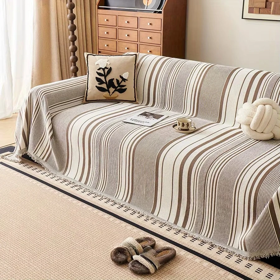 1PC Chenille Sofa Towel All Cover Coffee Striped Sofa Throw Blanket with Tassels Double Sided Usable Couch Protector