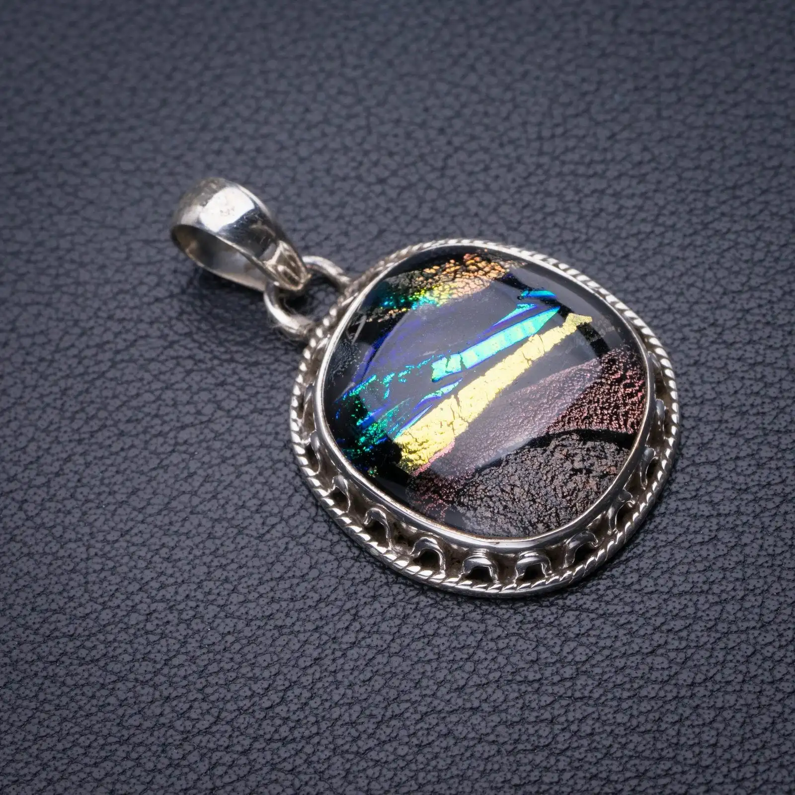 StarGems Natural Rainbow Dichroic Glass Handmade 925 Sterling Silver Pendant 1.5