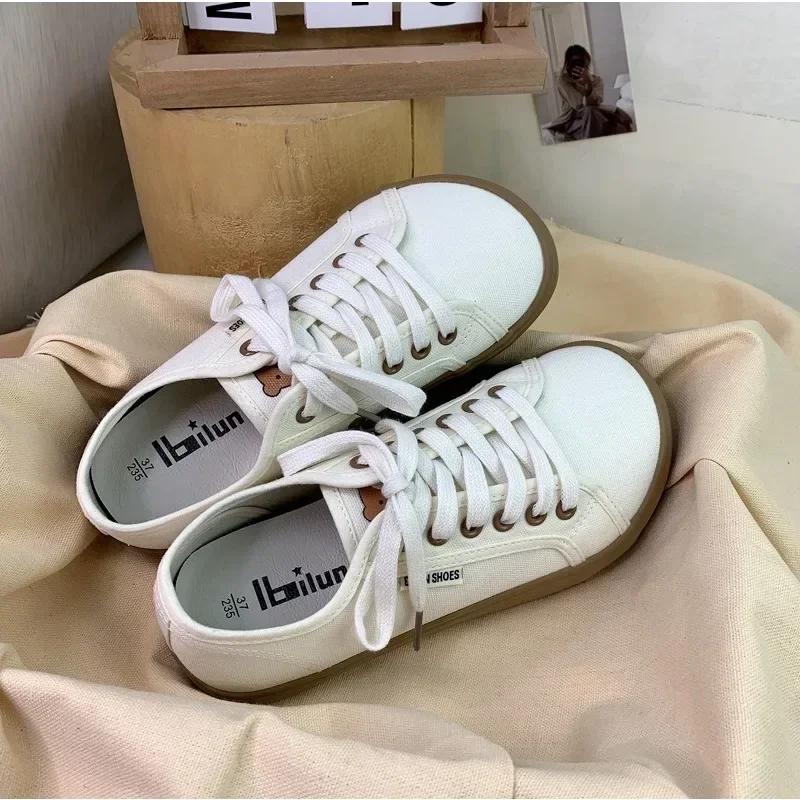 2024Trend Desianer Canvas Shoes forWomen Round Toe Low Top Sneakers Wide Toe LaceUp Trainers Shoe Brand Female Tenis Plimsolls