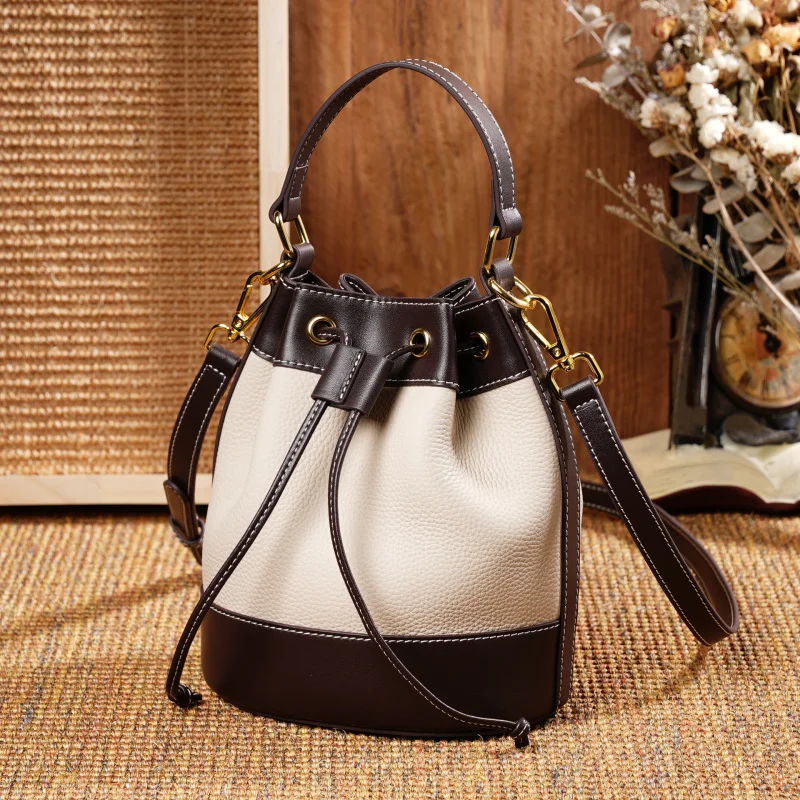 

Spring and summer new fashionable handbag, top layer cowhide casual versatile crossbody bag, retro shoulder bag, bucket bag