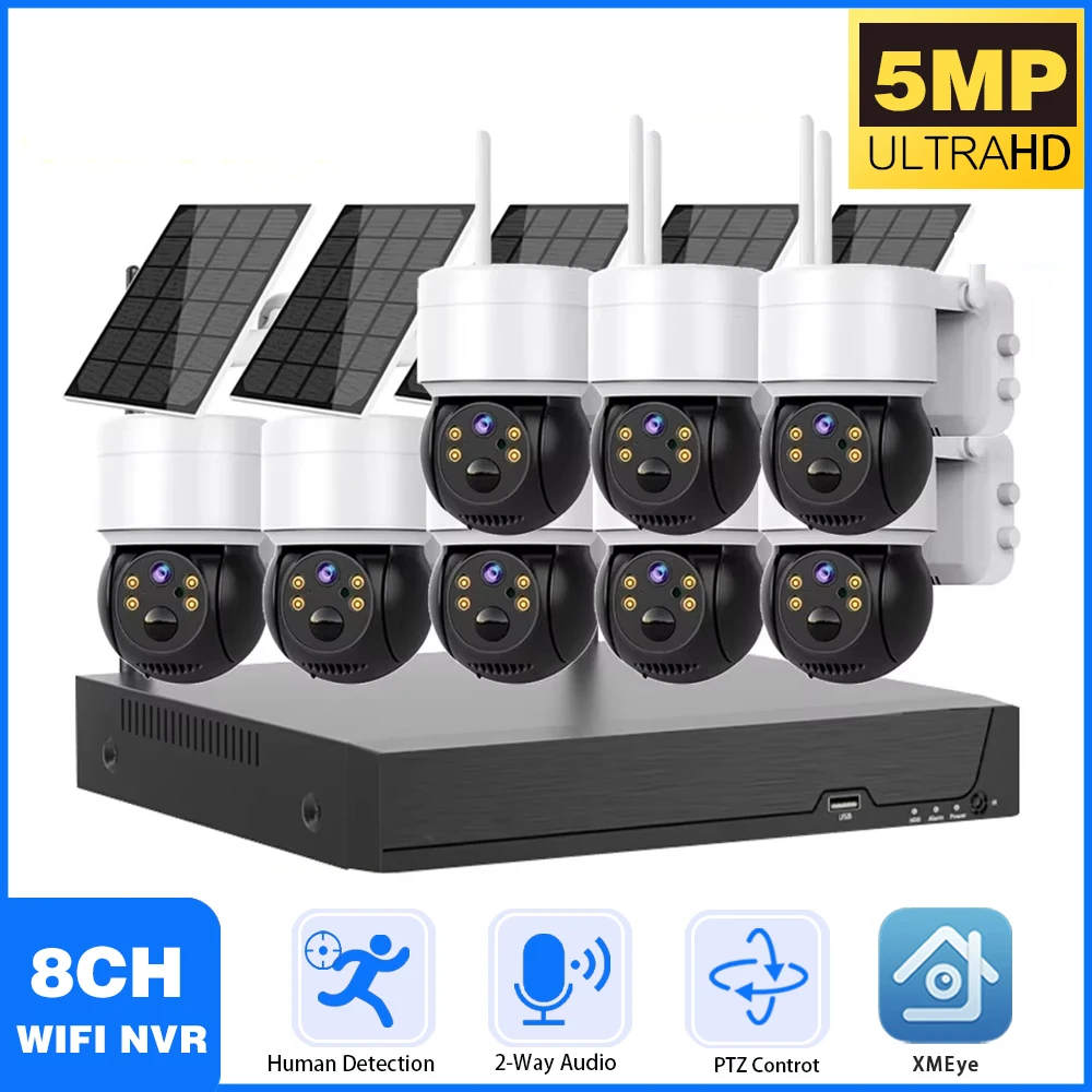 

8CH 5MP WiFi NVR Solar Panel Battery Surveillance Camera Sysrtem Wireless 4MP PTZ Security Color Night Vision Surveillance Kit