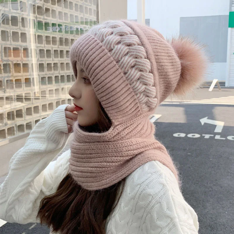 Hat Scarf All-in-one Female Winter Warm Rabbit Hair Knitted Cap Cycling Ear Protection Padded Cute Cold-proof Neck Cap