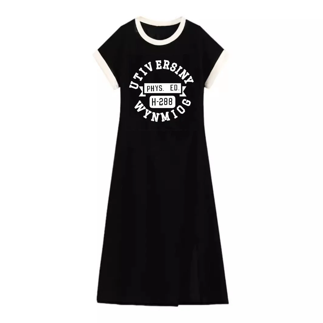 여름용 아이스 실크 여성용 홈웨어 프린트 얇은 레터 디자인 롱 슬릿 디자인 슬리밍 효과