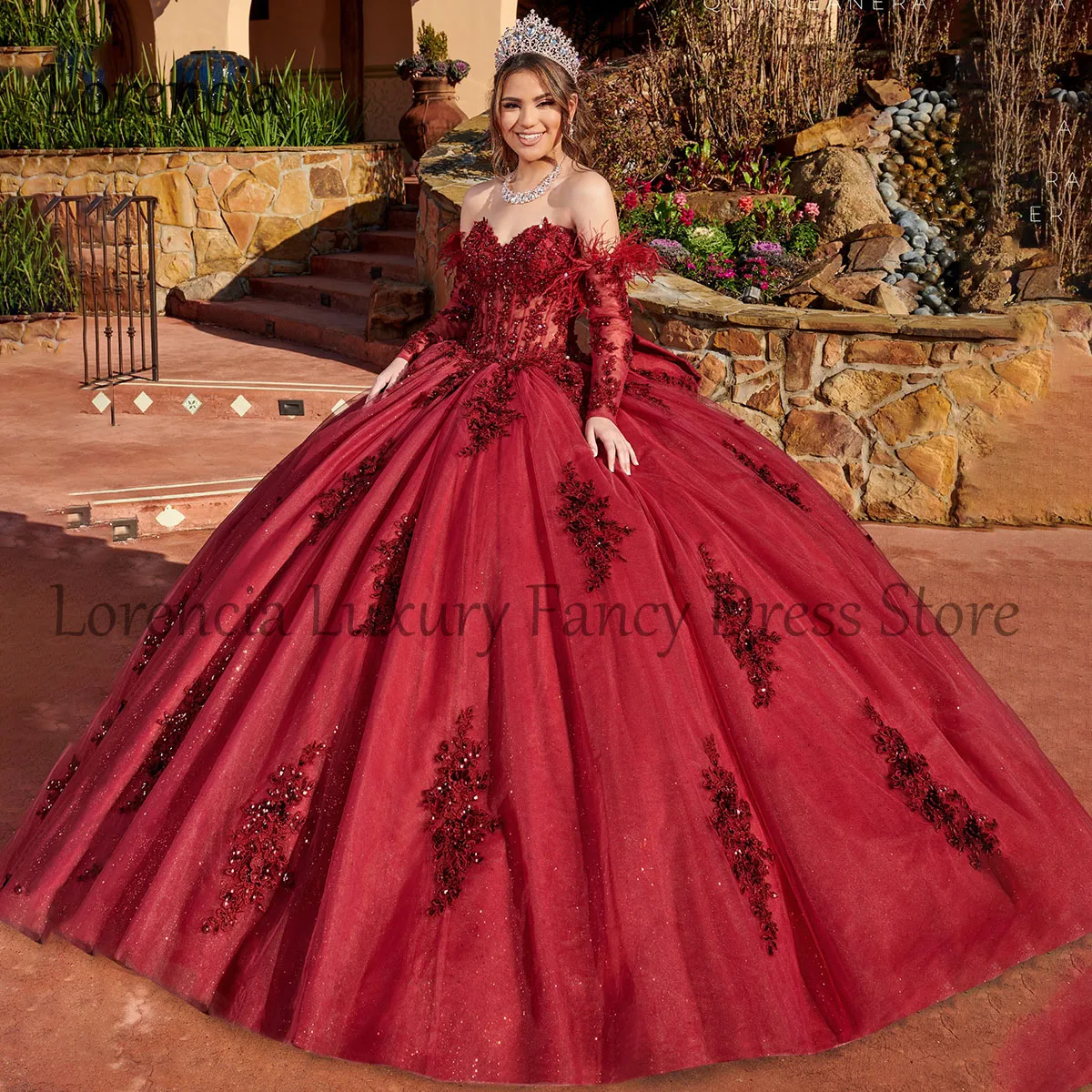 Gaun dansa gaun Quinceanera 2024 Meksiko korset manik-manik bulu Applique pita bunga 3D gaun Formal 16 Vestidos De 15 ainggos