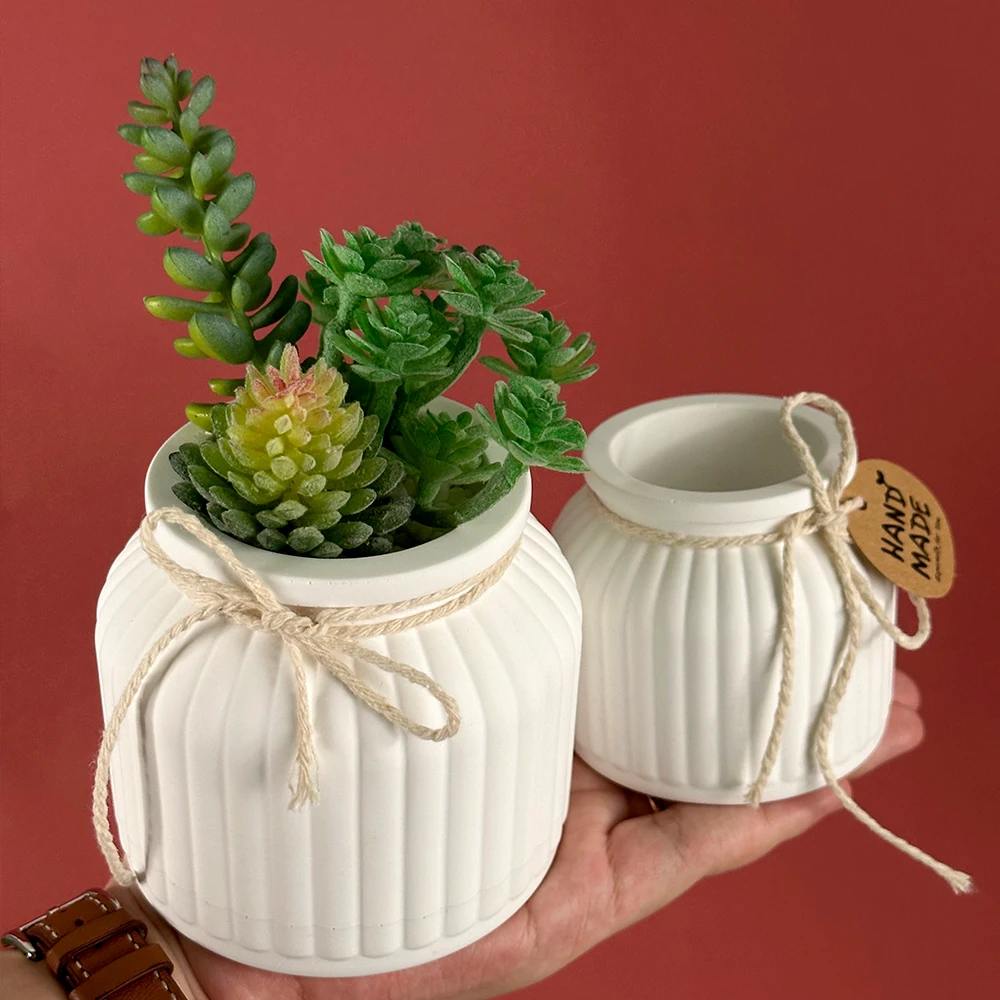 Pot de fleurs en béton, moule en Silicone, bricolage à rayures rondes faites à la main avec couvercle, moules de pot de bougie, plâtre, boîte de rangement en résine époxy, moule artisanal