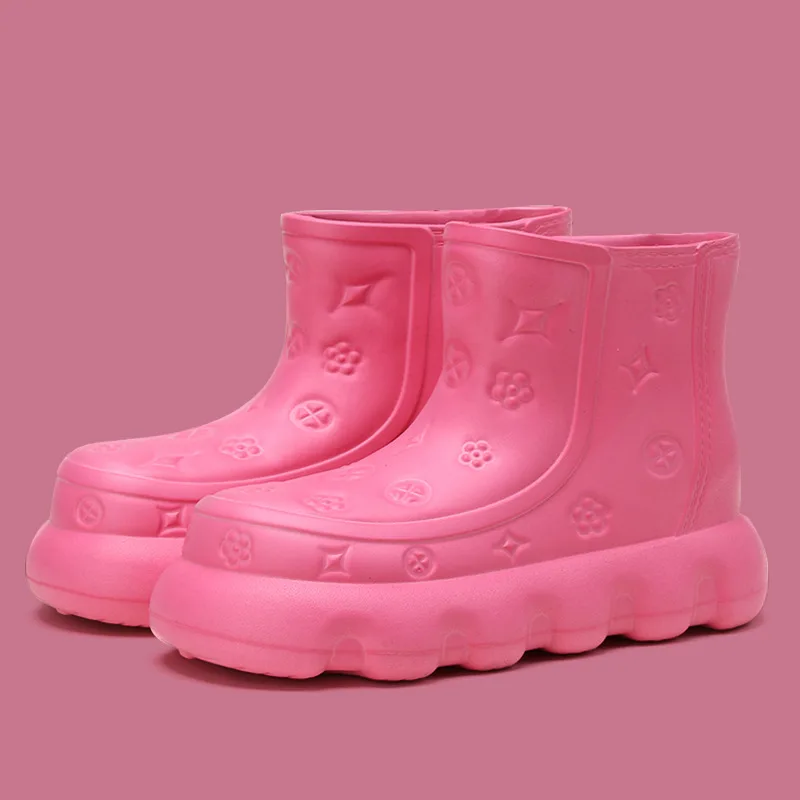 Women Trend Mid Tube Rainboots Rose Pink Comfortable Women Boots Waterproof Non-slip Light Soft Thick Sole Ankle Rain Shoes 2024