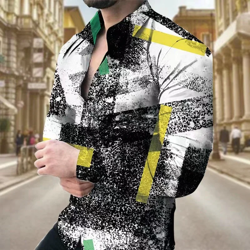 Men's T-shirt Creative Circle Square Pattern Long Sleeve Lapel Men's Street Outdoor Casual Men's Dress Tops