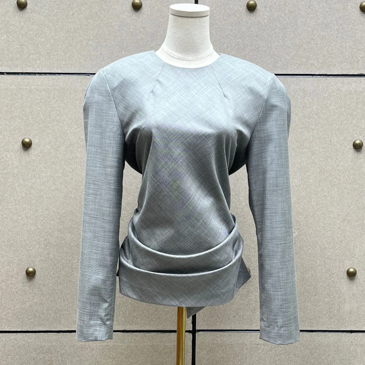 High Quality Women Round Neck Long Sleeve Top, Back Tie Waist Irregular Hem Elegant Commuter Blouse
