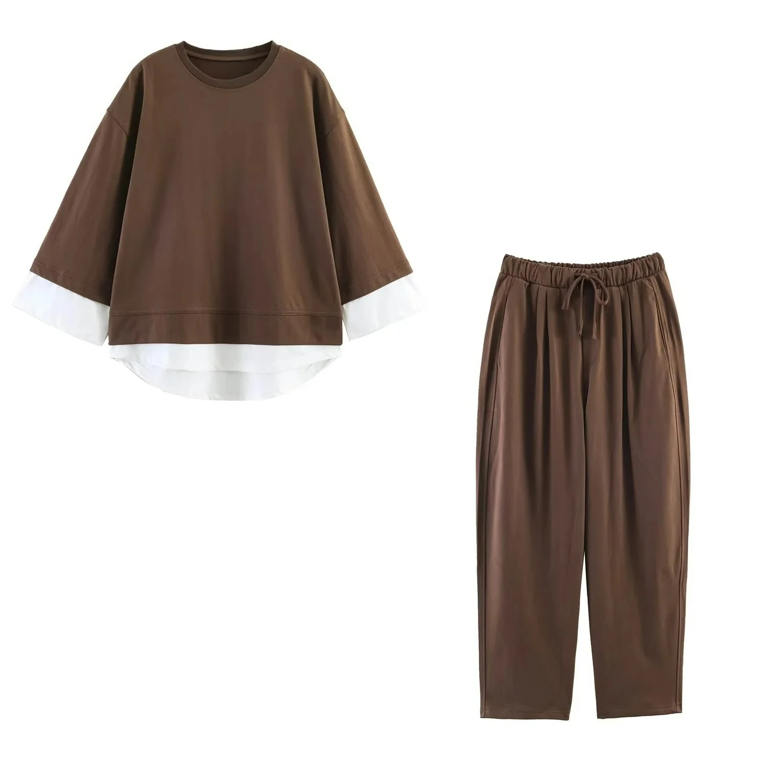 KONDALA Damen Freizeit-Hosen-Set Patchwork T-Shirt Elastische Taille Taschen-Hose Neue Mode 2026 Frühling Sommer Sportliches Urlaubs-Set – Detail 4
