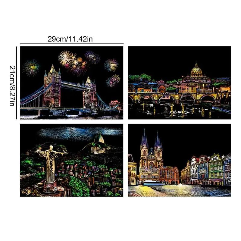 Scratch Painting Kit 4 Sheets Rainbow Engraving Painting Landscape Scratchboard Engraving Art Set For Adults And Kids A4 Scratch