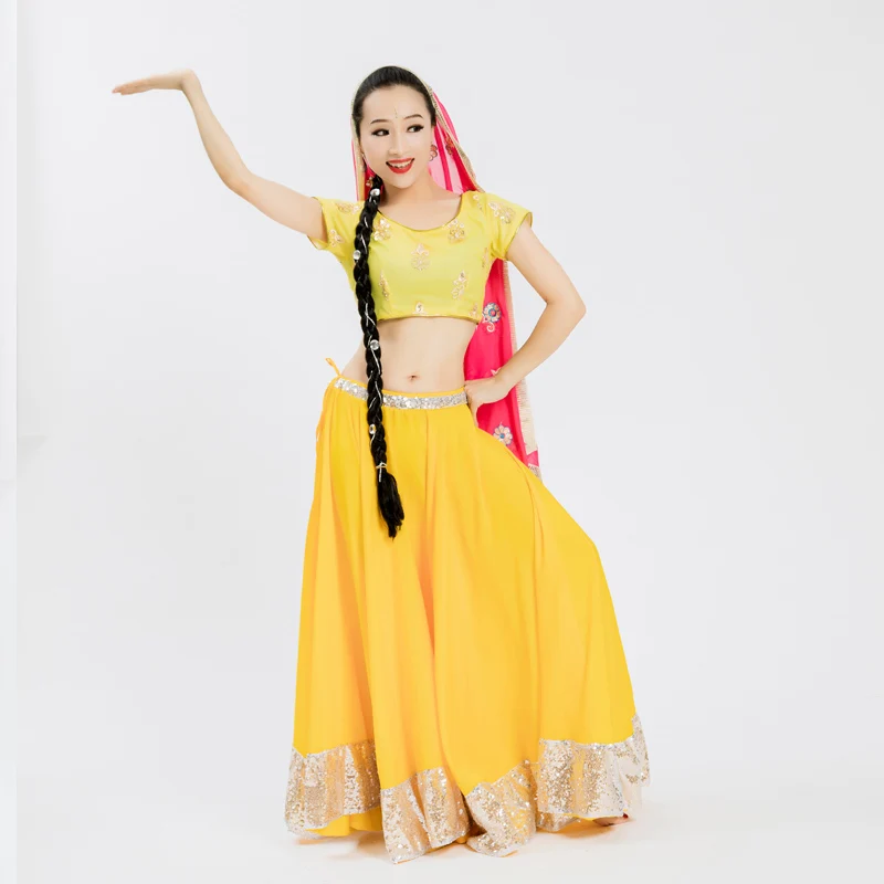 customized Indian belly dance costumes women's Bollywood gold border big swing skirt with edge covering Kurta Sariana versatile