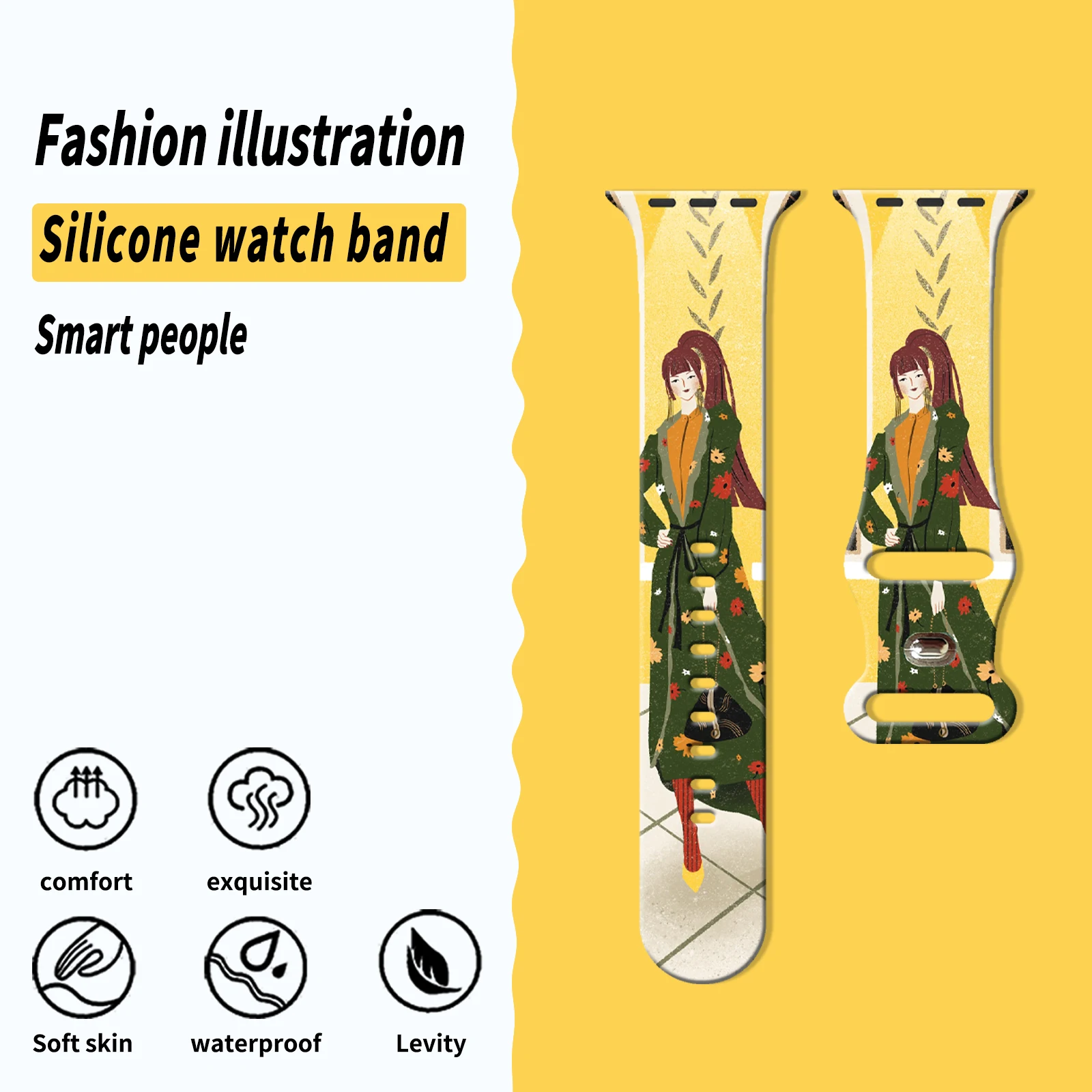 Fashion Illustration Silicone Printed Strap for Apple Watch 9 8 7 SE 6 Band Replaceable Bracelet for iWatch 45mm 44mm 42mm 41mm