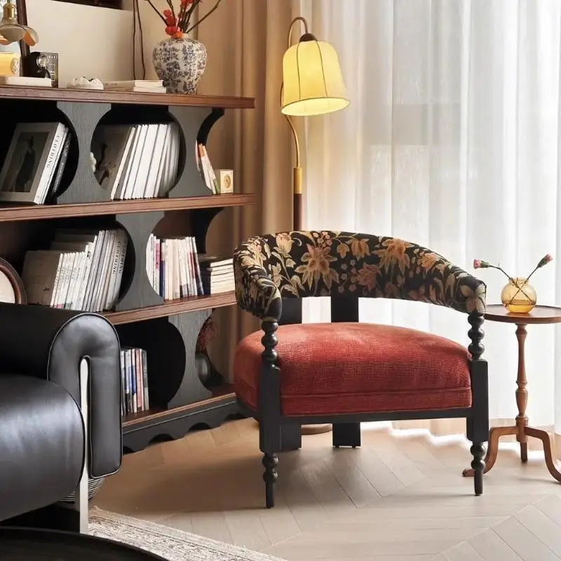 

French Retro Solid Wood Leisure Chair Small Apartment Jacquard Fabric Sofa Chair Living Room Balcony Designer Lazy Single Chair