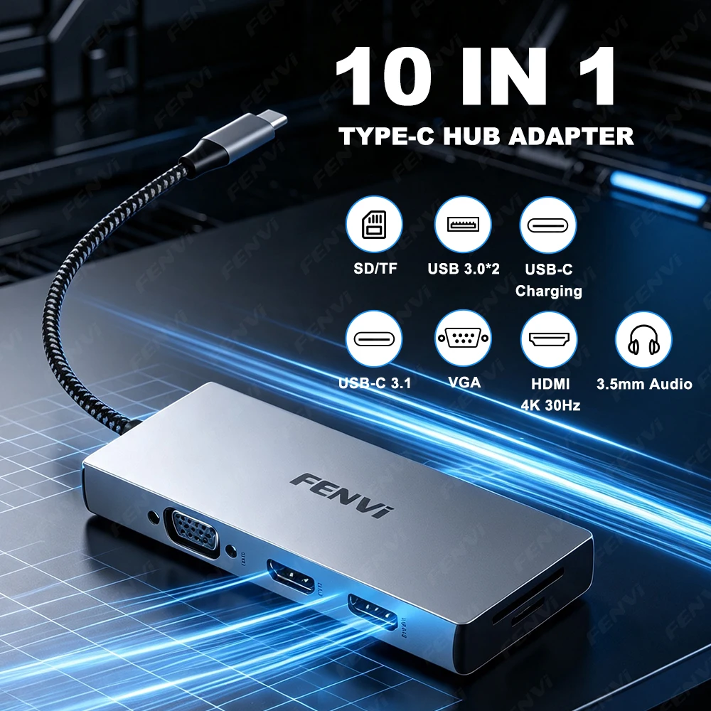 Fenvi 10 in 1 Type C Hub Adapter USB C Docking Station with HDMI 4K VGA SD/TF USB 3.0 PD 100W Audio for MacBook Laptop PC