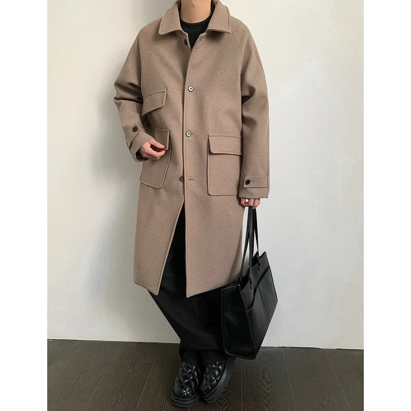 

Мужское зимнее шерстяное пальто-кардиган средней длины ниже колена с откидными карманами, на одной пуговице, теплое, модное