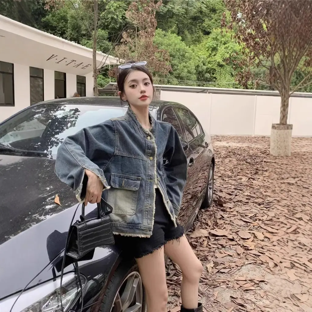 Women's Vintage Design Sense Rust Collar Jacket Loose Slim Fit Denim Jacket for Spring And Autumn Small Men's Style