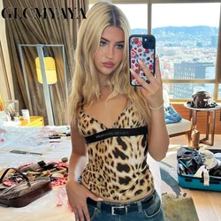 GLCMYAYA Streetwear Leopard Letter Printing Spliced Tee Tops 2023 Women Slim V-Neck Sexy Sleeveless Spaghetti Strap T-Shirts