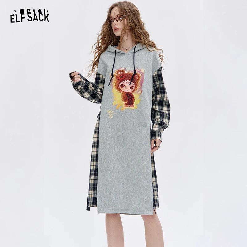 

ELFSACK 2025 Autumn New Arrival Hooded Cartoon Large Print Plaid Patch Sweater Dress For Woman