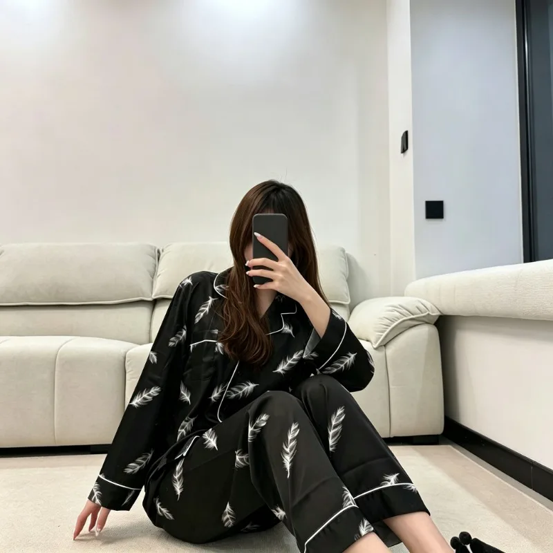 Spring Autumn Women Pajama Set Lapel Collar Feather Print Chic 2Pcs Long Sleeve Long Pants Home Sleepwear Loungewear For Ladies