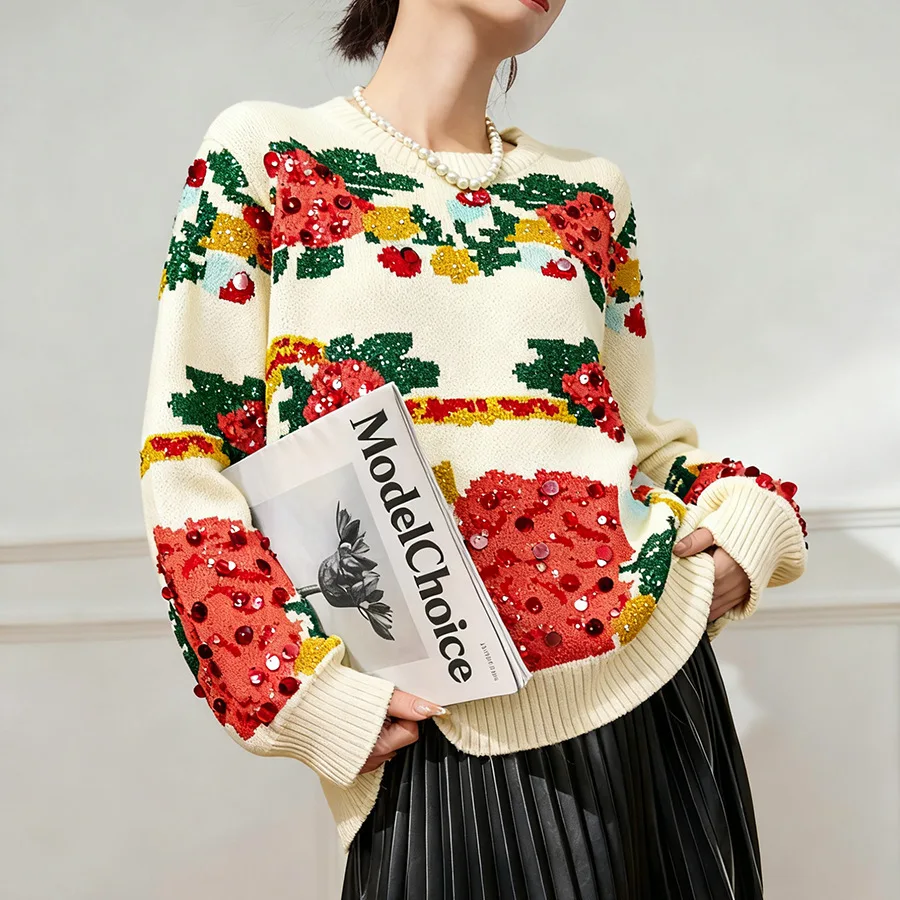 

Wholesale Of New Autumn And Winter Women's Sweaters Loose Long-sleeved Rose Flower Jacquard Sequined Knitted Pullover Jackets