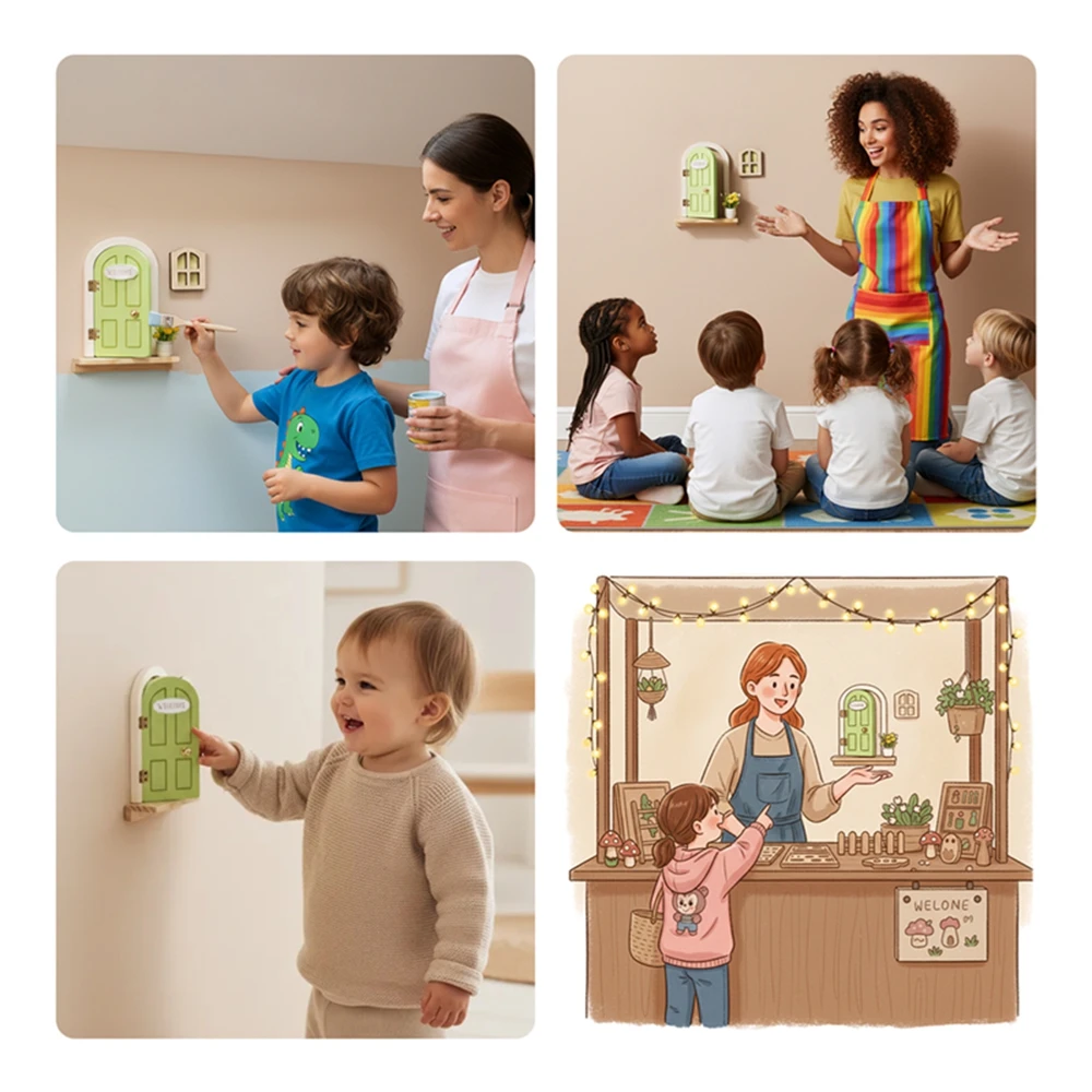 Wooden Elf Door Set Dollhouse Character Stickers Cartoon Room Decor Fairytale-Style Balcony Decor Hanging Ornaments Gift