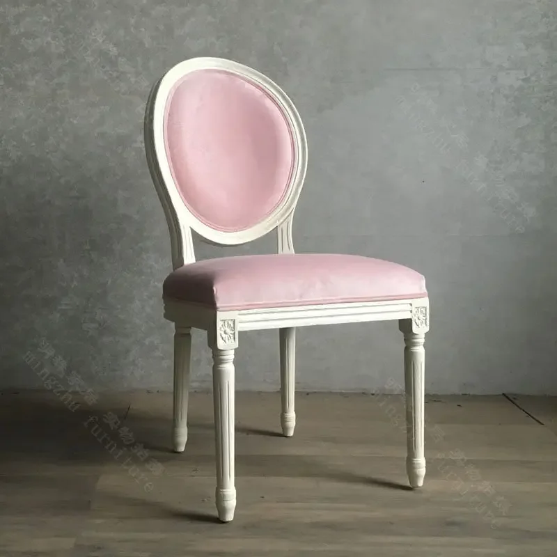 American princess style study chair nail salon makeup chair European Mediterranean retro ivory white solid wood dining chair