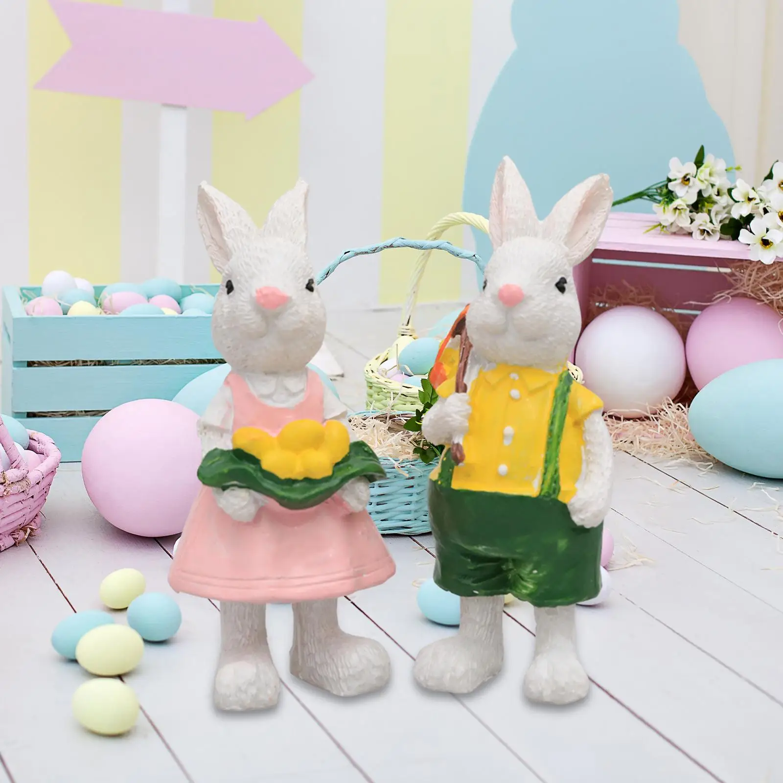 2 Pieces Easter Bunny Figurines Easter Gifts Sculptures Rabbit Home Decor Resin for Courtyard Bedroom Room Outside Landscape