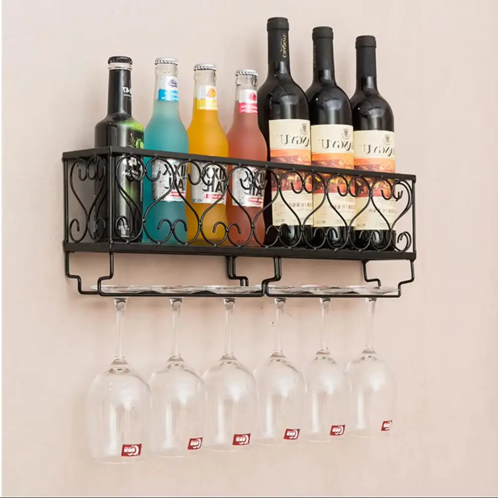 50CM Wall Mounted Metal Wine Glass Rack Drink Bottle Storage Display Shelf, Black