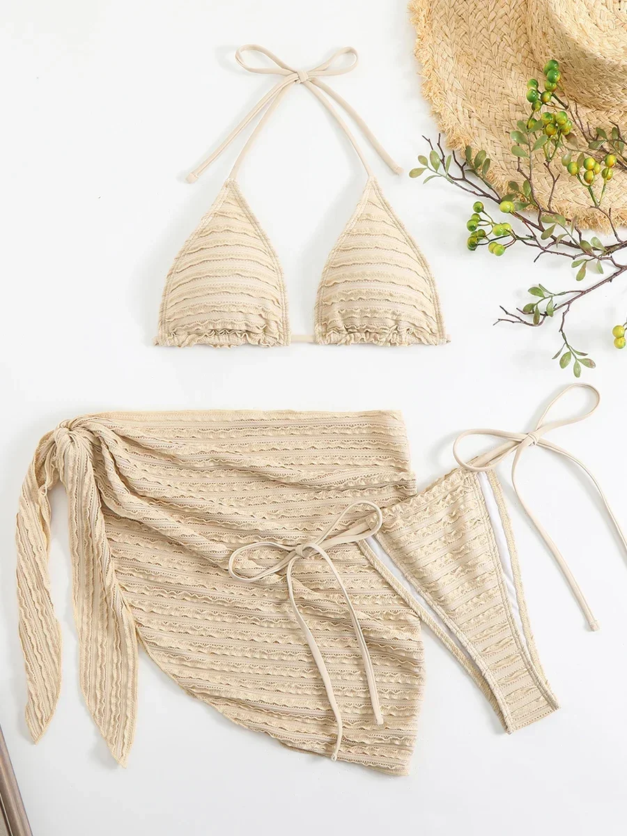 Sexy 3 Pieces Bikini Women Swimsuit 2025 Summer Halter Triangle Swimwear Bottom Bikinis Sets Beach Cover Up Female Bathing Suits