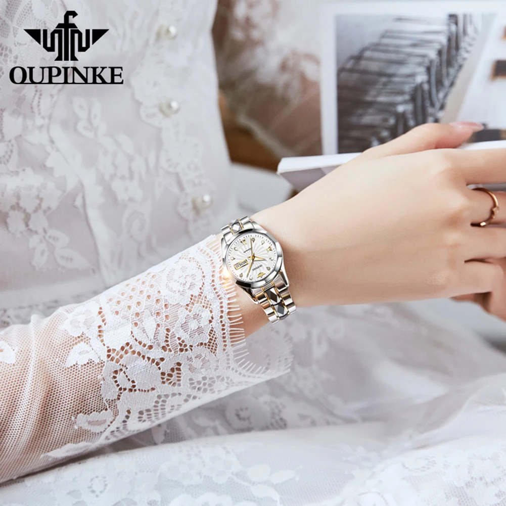 OUPINKE 3169 Women's Watch Set Diamond Scale Whirlwind Dial Japan Movement Automatic Mechanical Wristwatch Elegant Ladies Watch