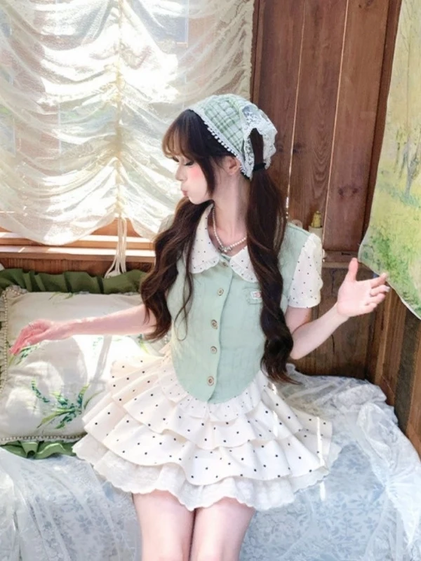 

Cute School Girl Style Set Young Looking Polka Dot Puffy Skirt Two Piece Ensemble Short Sleeve Doll Collar Spring Summer