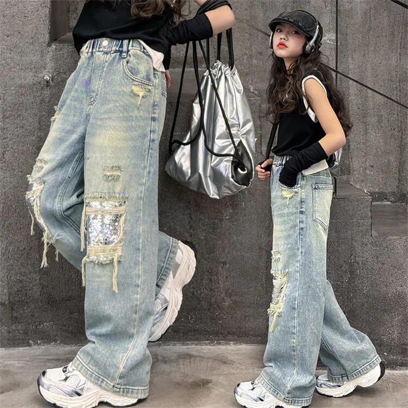 Girls' bright jeans Fashion 2024 new children's wide-leg pants style spring and autumn ripped pants 6-15 years old