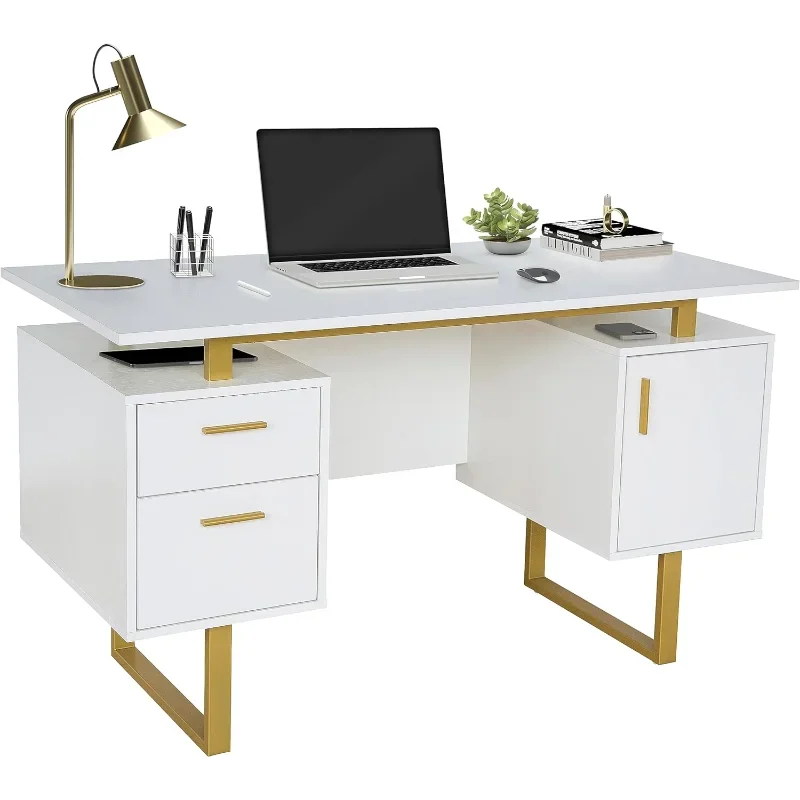 Grand bureau flottant de 51.25 pouces, blanc/or, surface de bureau moderne