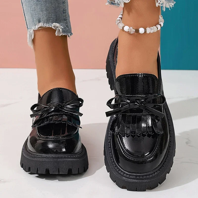 

British Style Patent Leather Loafers for Women 2025 Spring Slip On Platform Shoes Woman Bowknot Thick Bottom Student Shoes 42