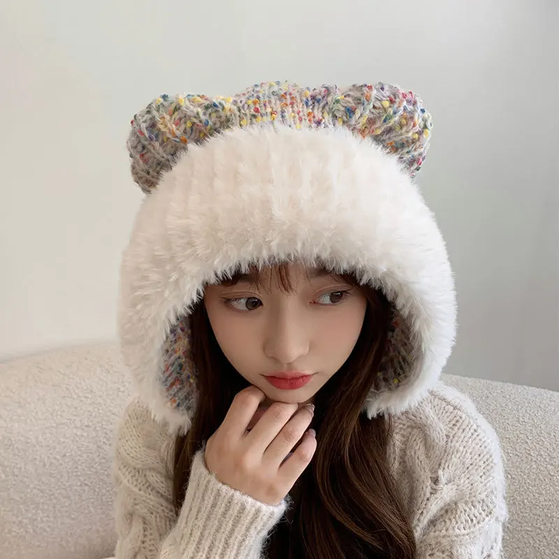 Russian Winter Warm Knitted Big Plush Ball Hat Plush Cute Little Bear Ears Knitted Cap Windproof Plush Snow Bomber Gorro Hombre