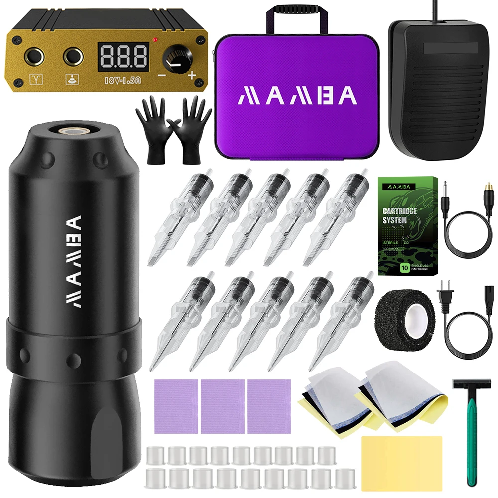 DM Wireless Tattoo Machine Set Complete with LCD Tattoo Power Supply Cartridge Needles Ink Cup Permanent Makeup For Beginner