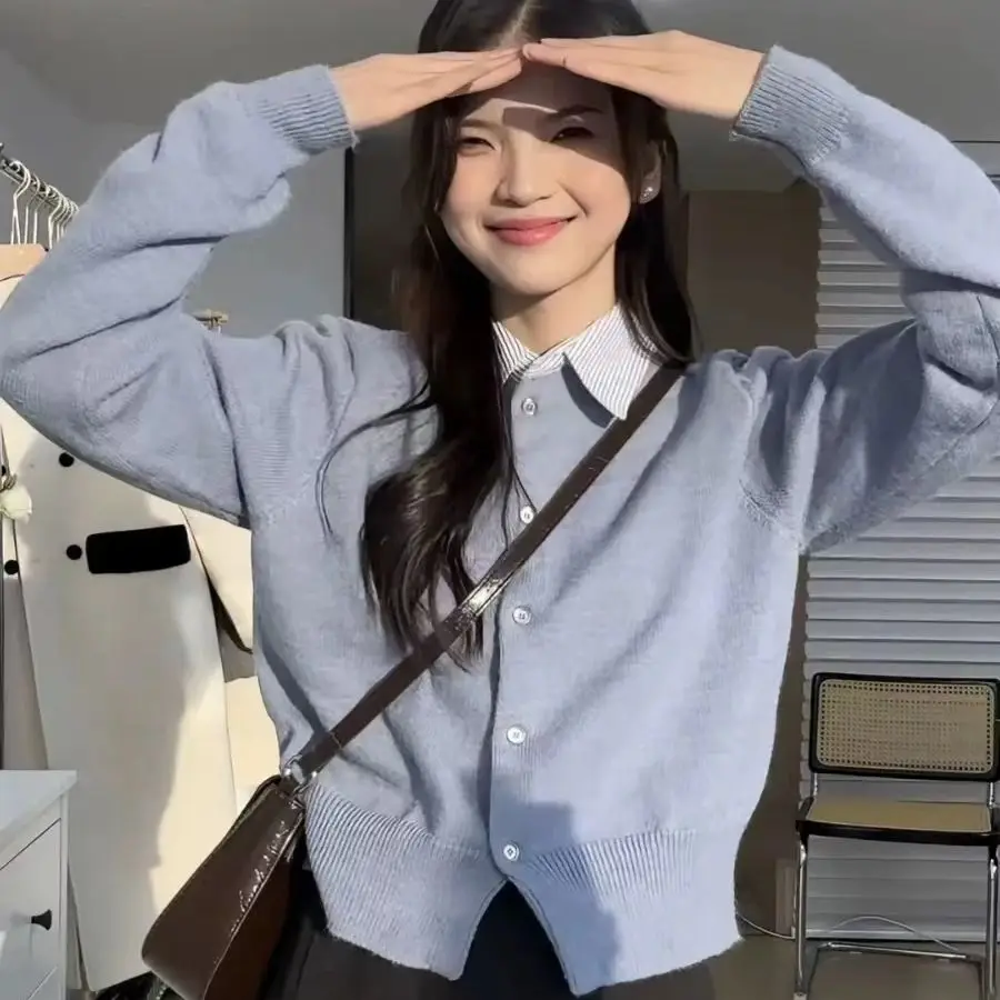 

Высококачественный женский трикотаж, искусственный двухсекционный кардиган с отложным воротником Dongguan Daliang, открытый кардиган на зиму