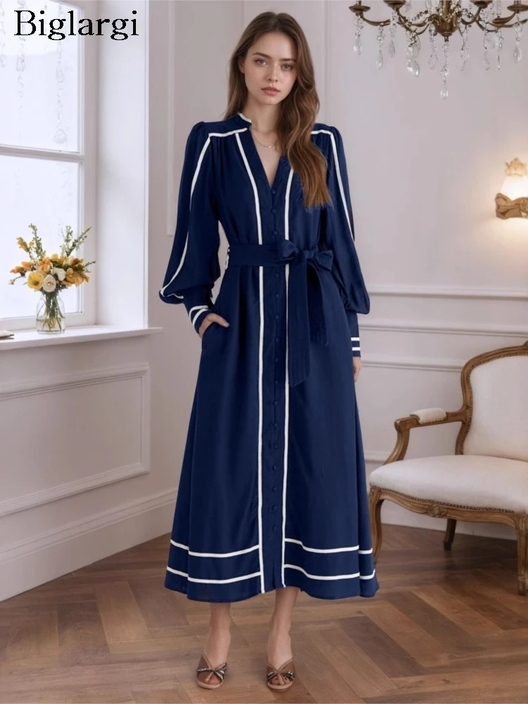 

Spring Summer Dress Women Long Sleeve Modis Striped Print Patchwork Ladies Dresses Ruffle Pleated Loose Korean Style Woman Dress