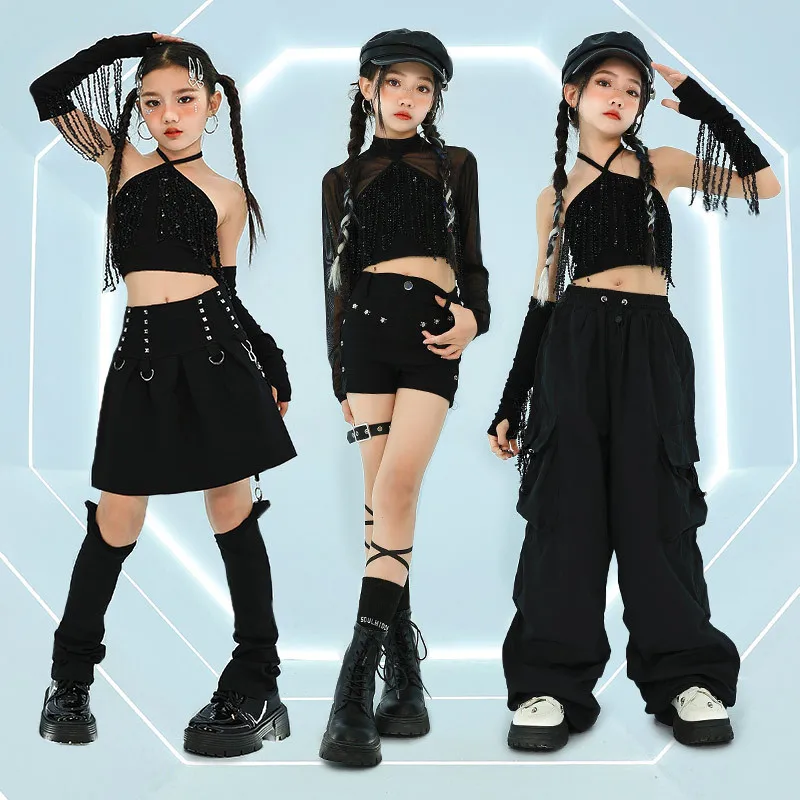 

Kid Hip Hop Clothing Black Halter Fringe Crop Tank Top Mesh T Shirt Pants Skirt Leg Warmer for Girl Jazz Dance Costume Clothes