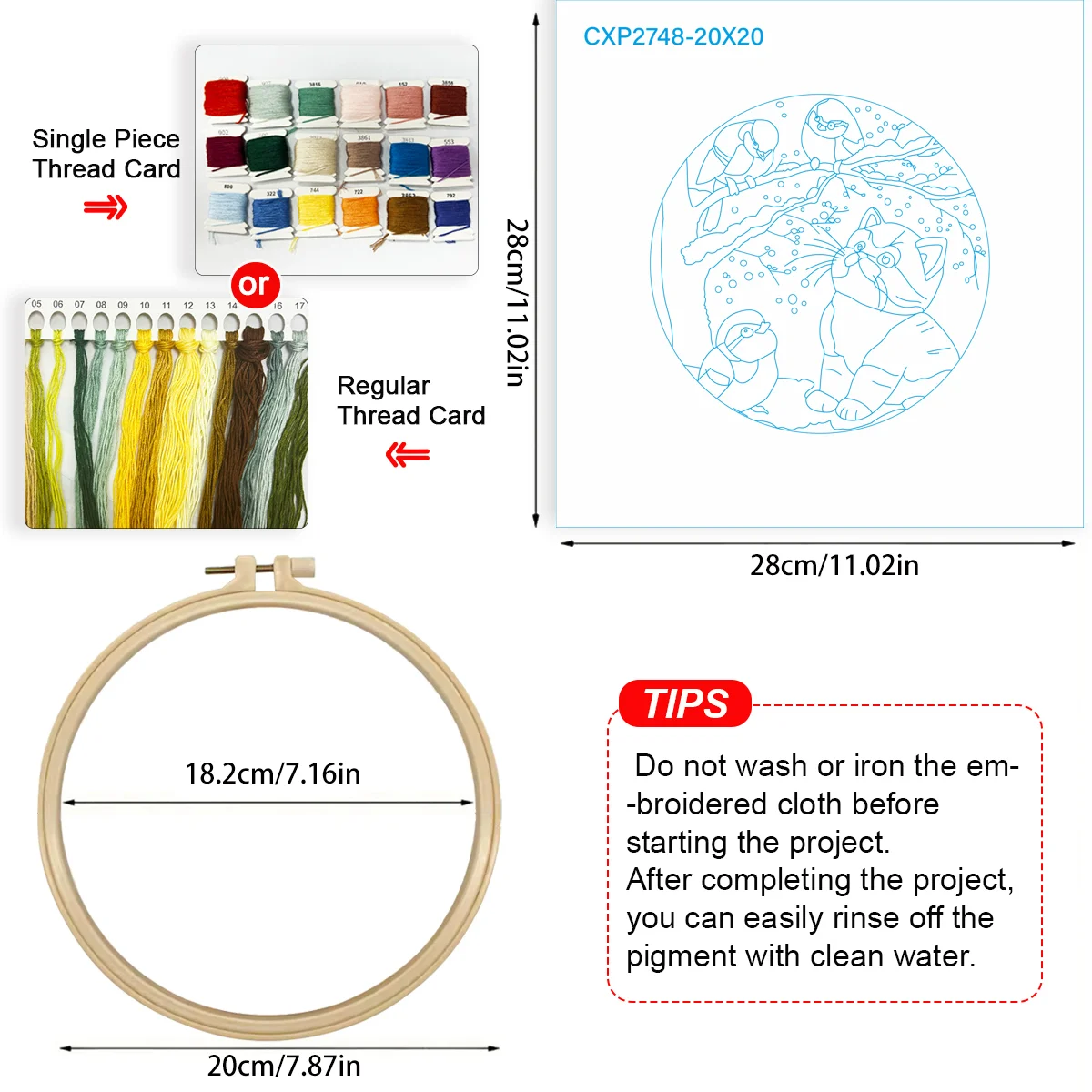 1 Stück 20X20CM/15X15CM 7,87/6,3 Zoll Katzen-Stickerei-Starter-Kit DIY-Kit DIY-Stickerei-Set Handarbeiten Nähkunst-Set für Anfänger – Detail 5
