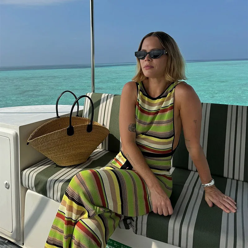 

Women's Casual Dresses Trendy Stripe Print Boat Neck Dress Sexy Sleeveless Backless Bodycon Knit Robe 2026 New Vacation Clothing